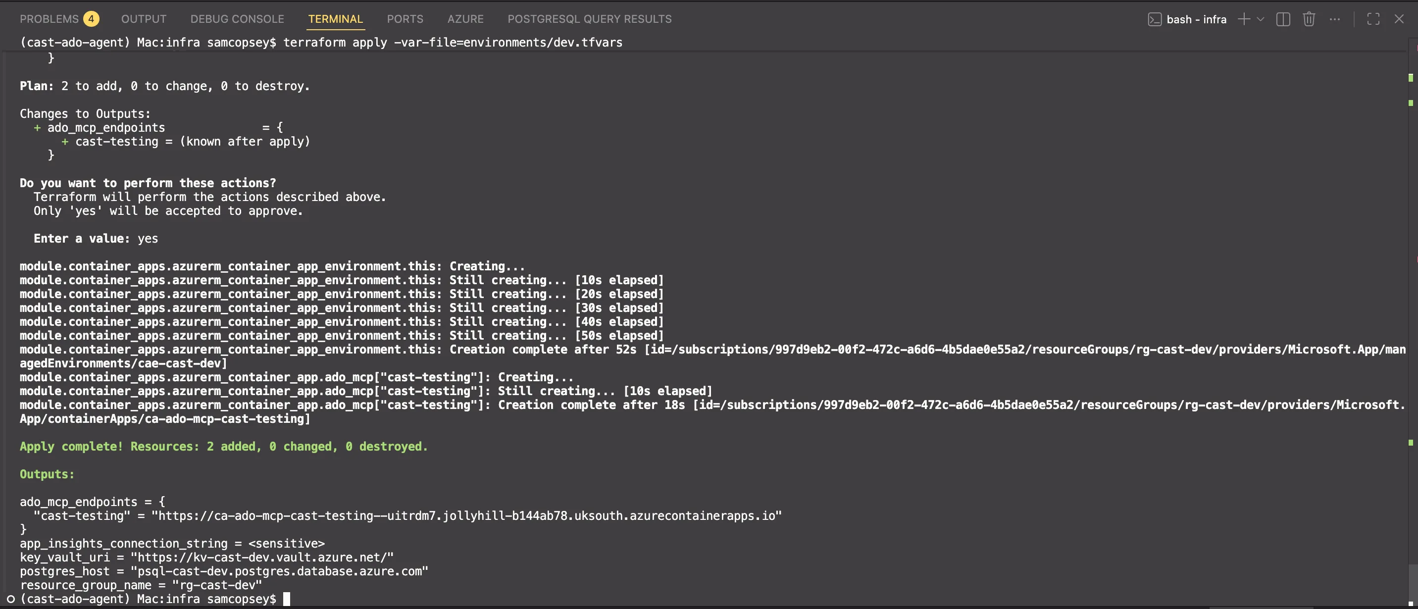 Terraform apply deploying Container Apps infrastructure