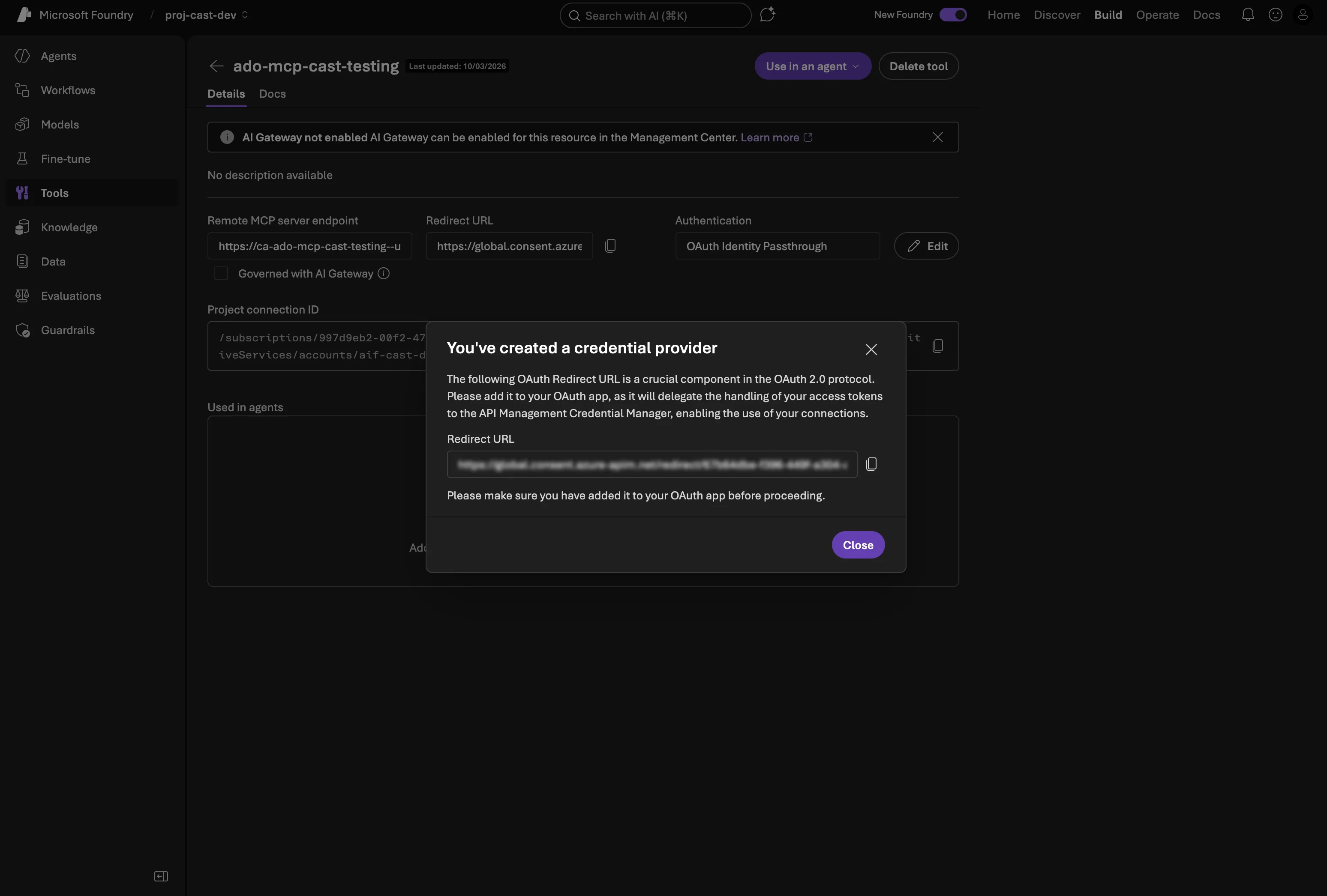 MCP connection created with redirect URI to copy back to Entra ID