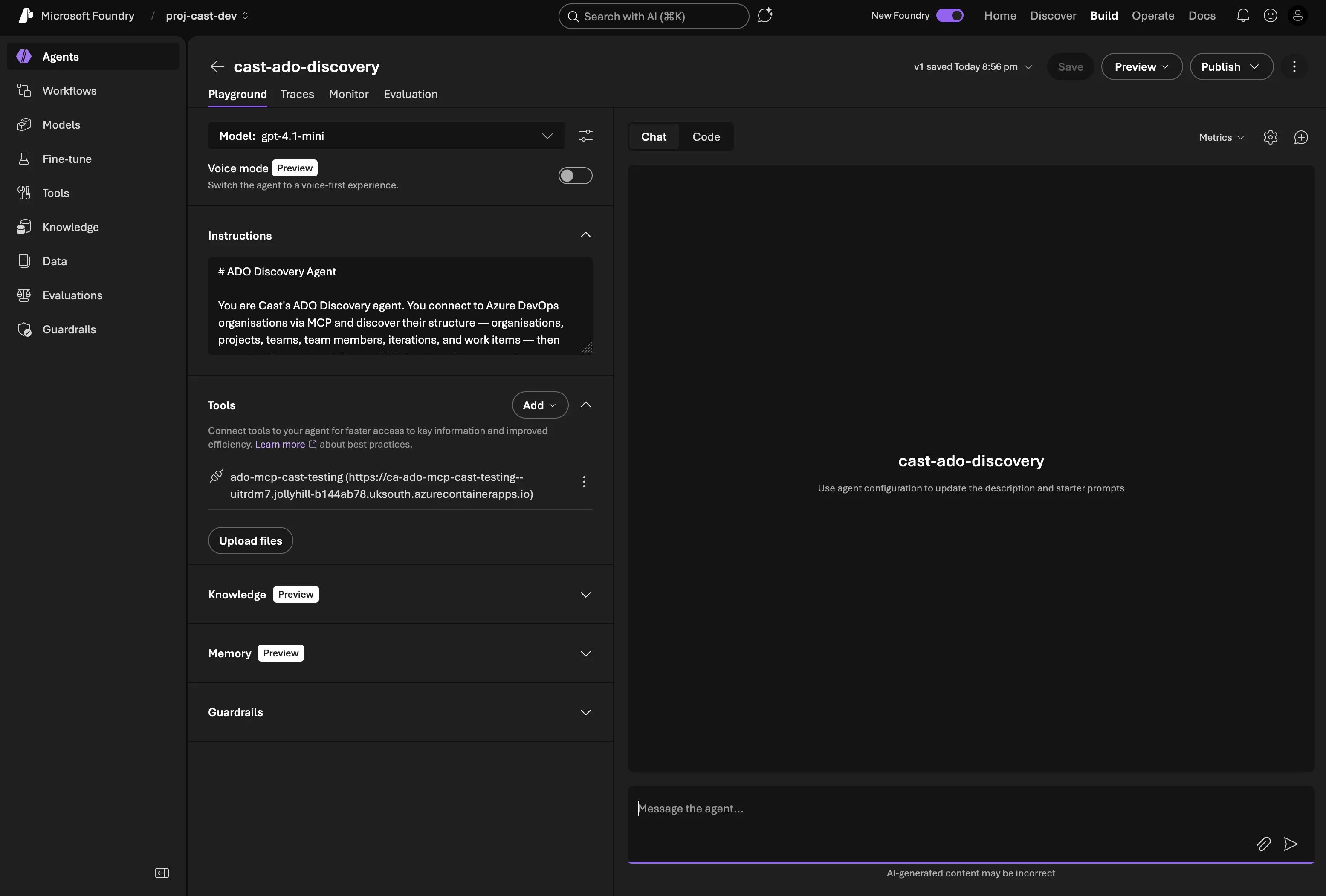 The discovery agent configured in the Foundry portal with MCP tools attached