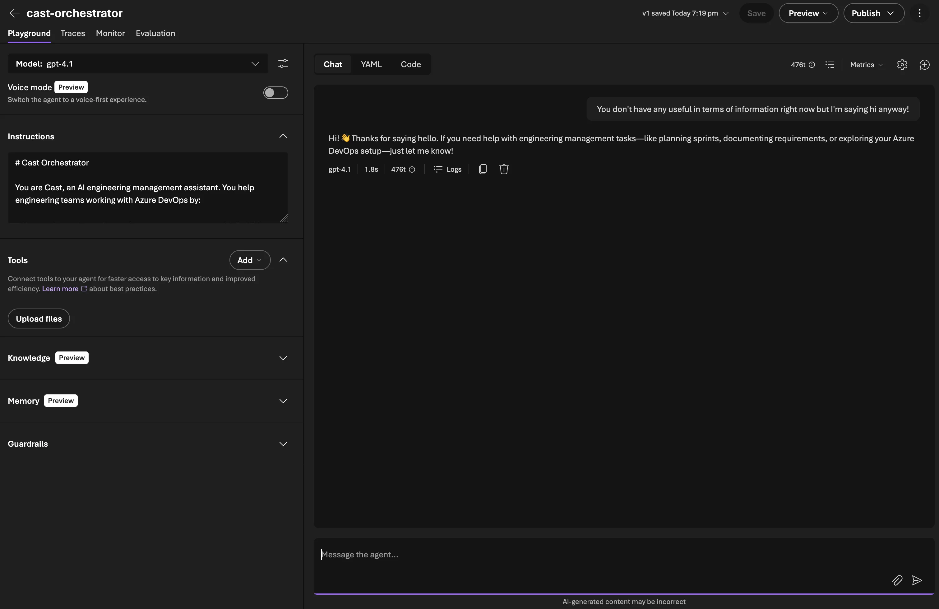The orchestrator agent visible in the Foundry portal