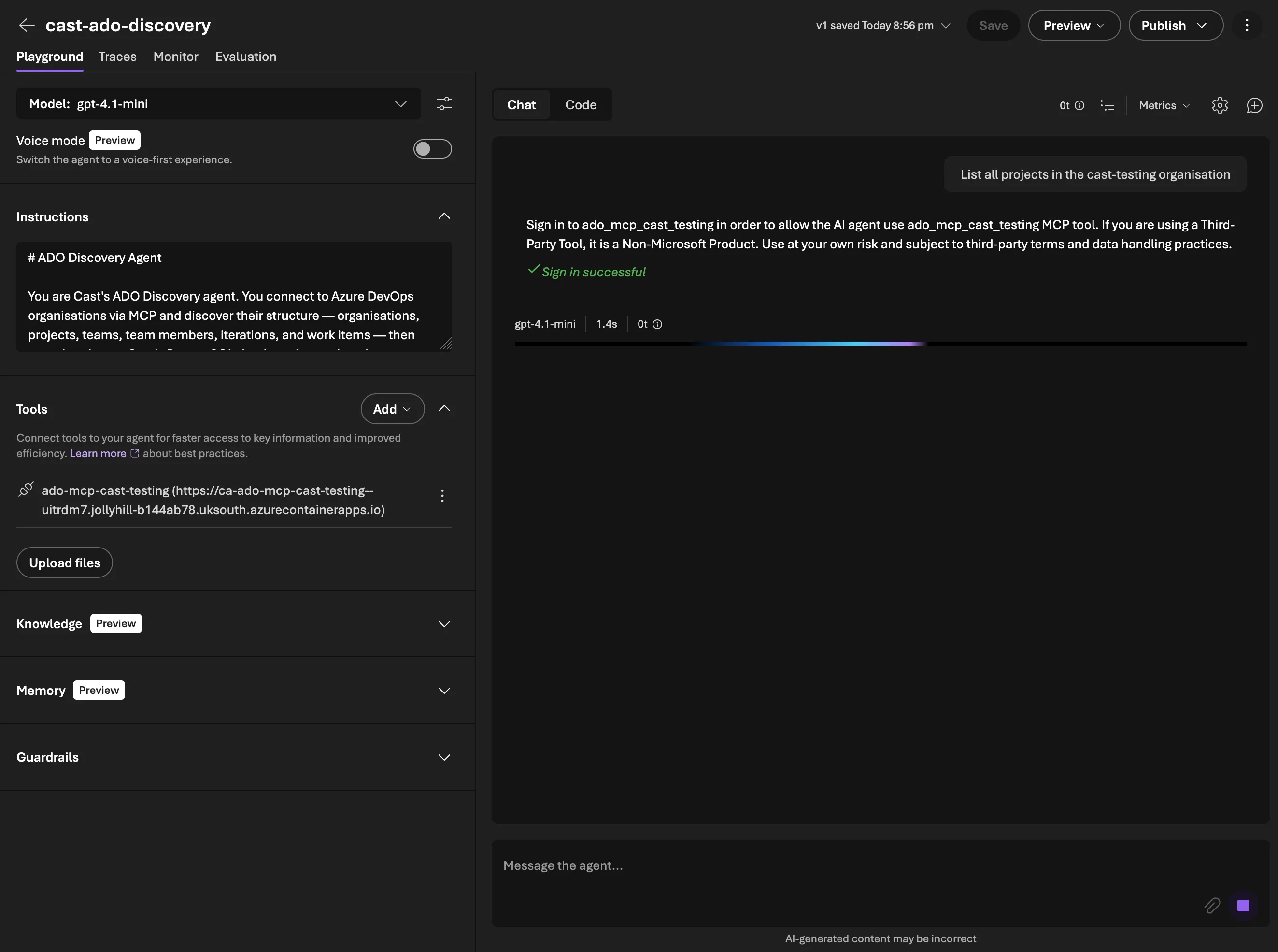 First successful OAuth flow — sign in and project listing via MCP