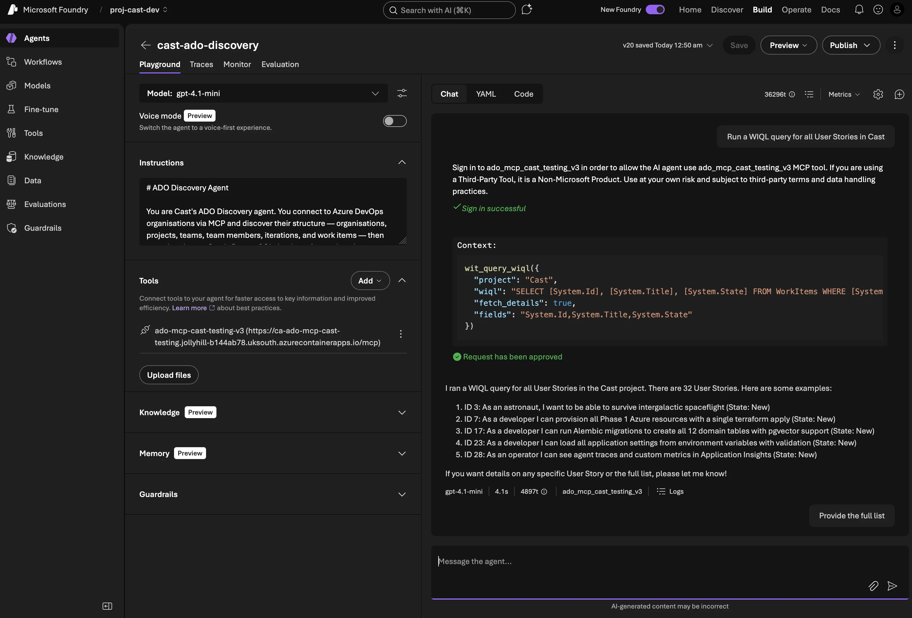 WIQL query returning User Stories via the discovery agent