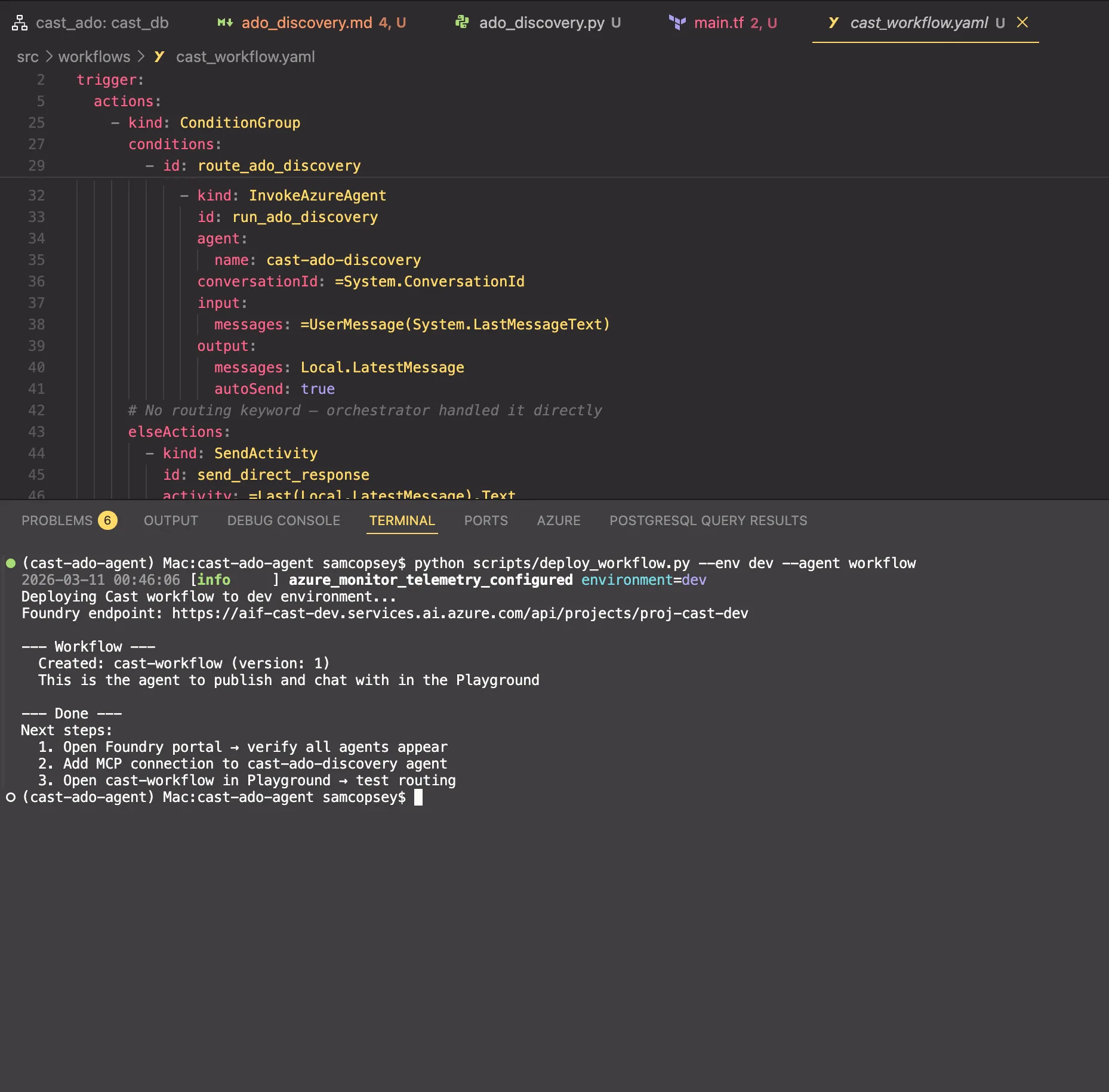 Workflow YAML and deploy script output
