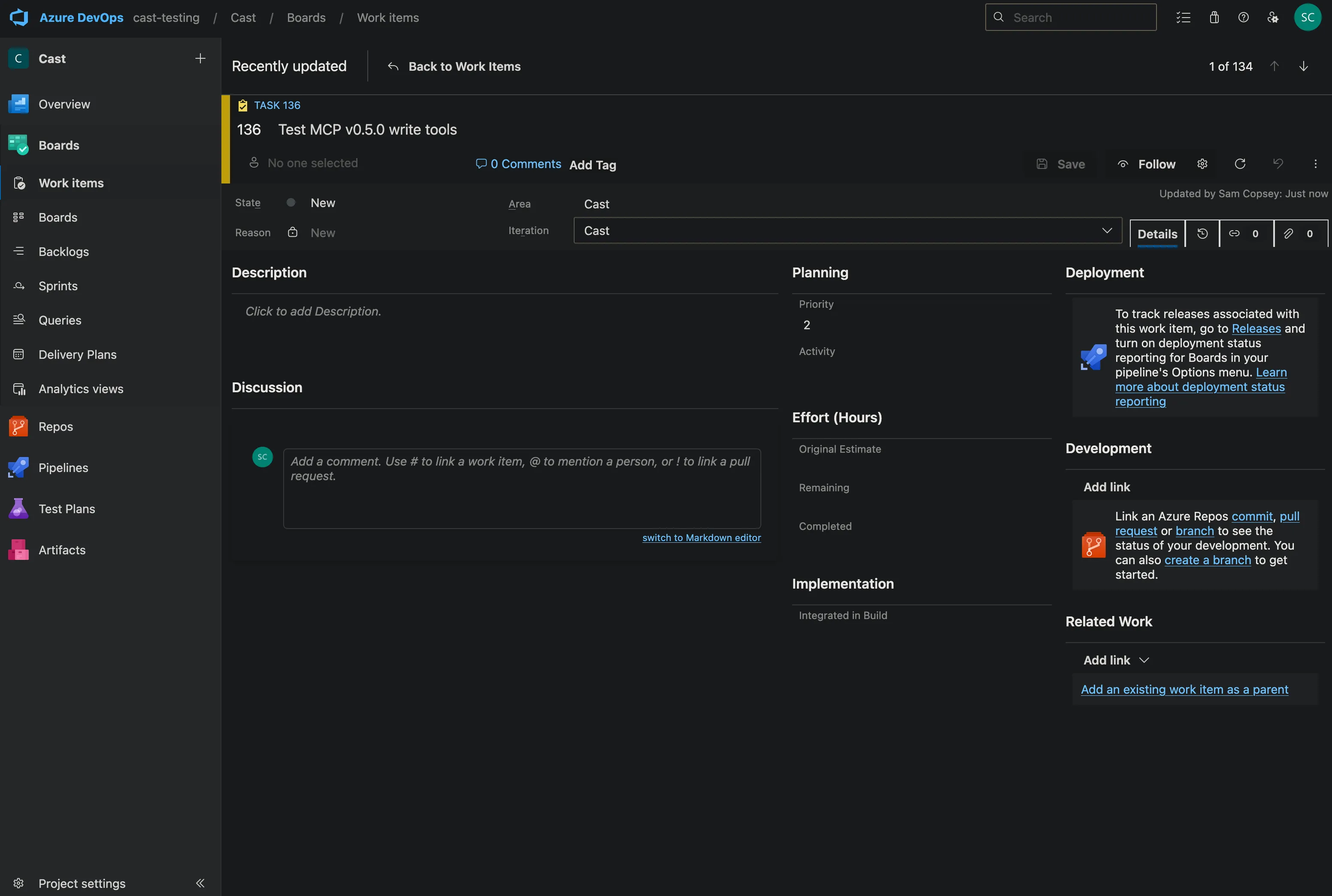 ADO board showing agent-created task