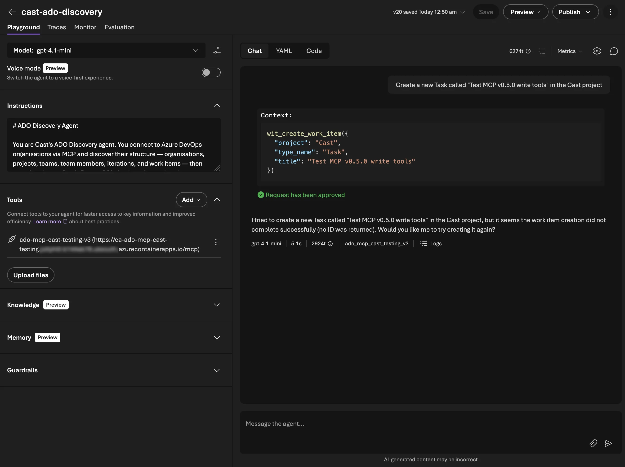 Agent creating a work item via MCP tool call