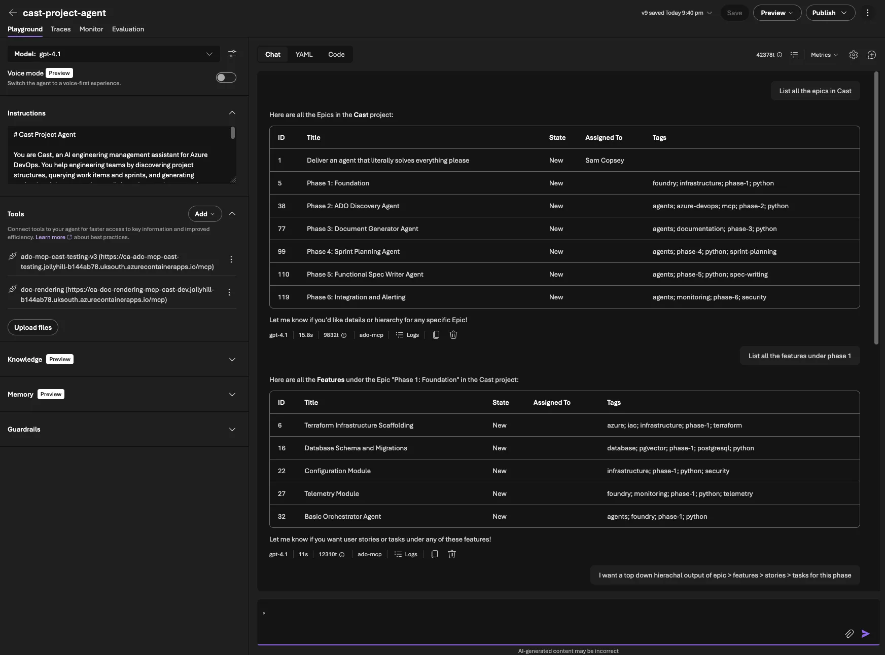 The combined agent in Foundry Playground, listing Epics and Features from the Cast project