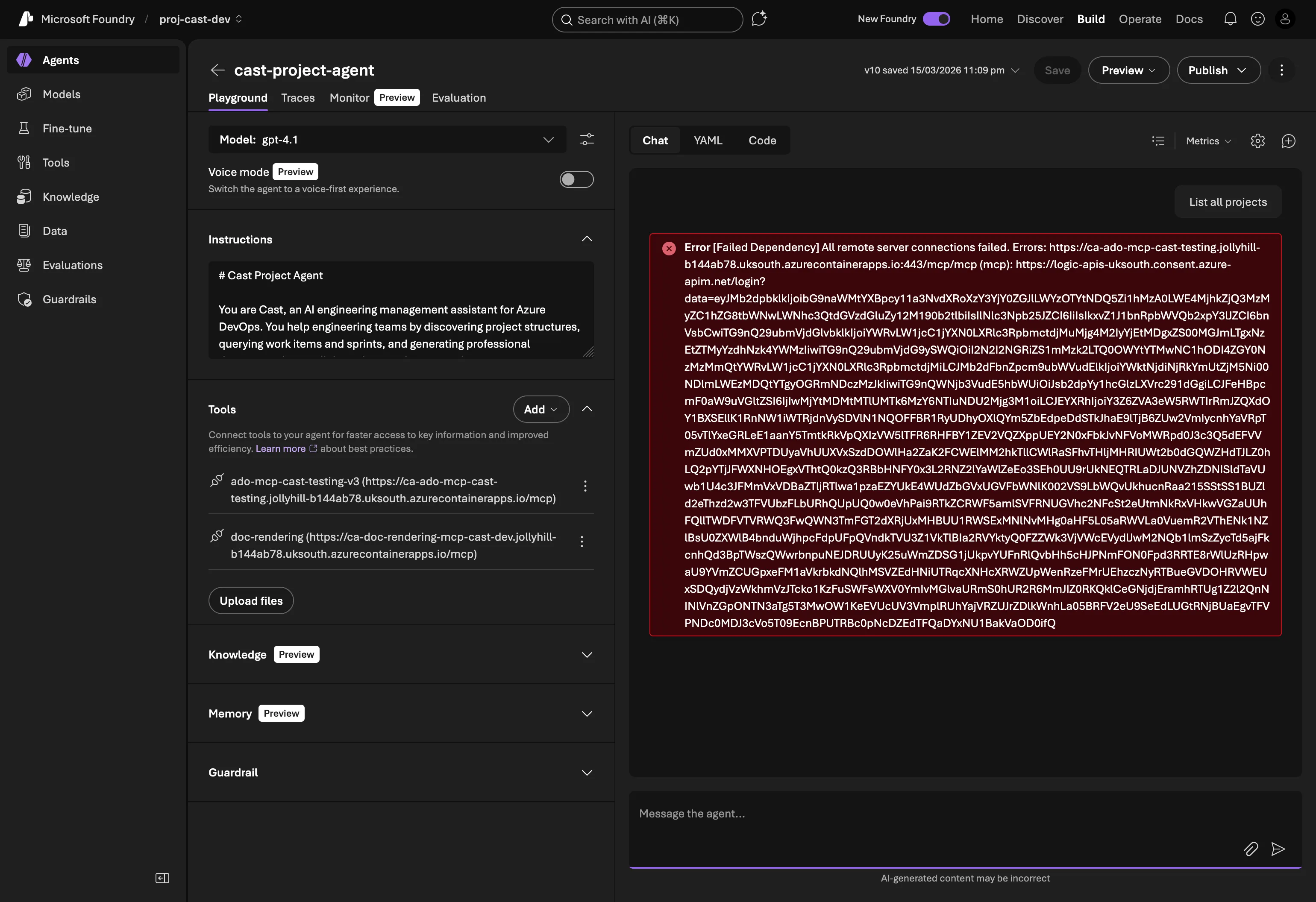 Foundry Playground showing the Failed Dependency error with full error trace