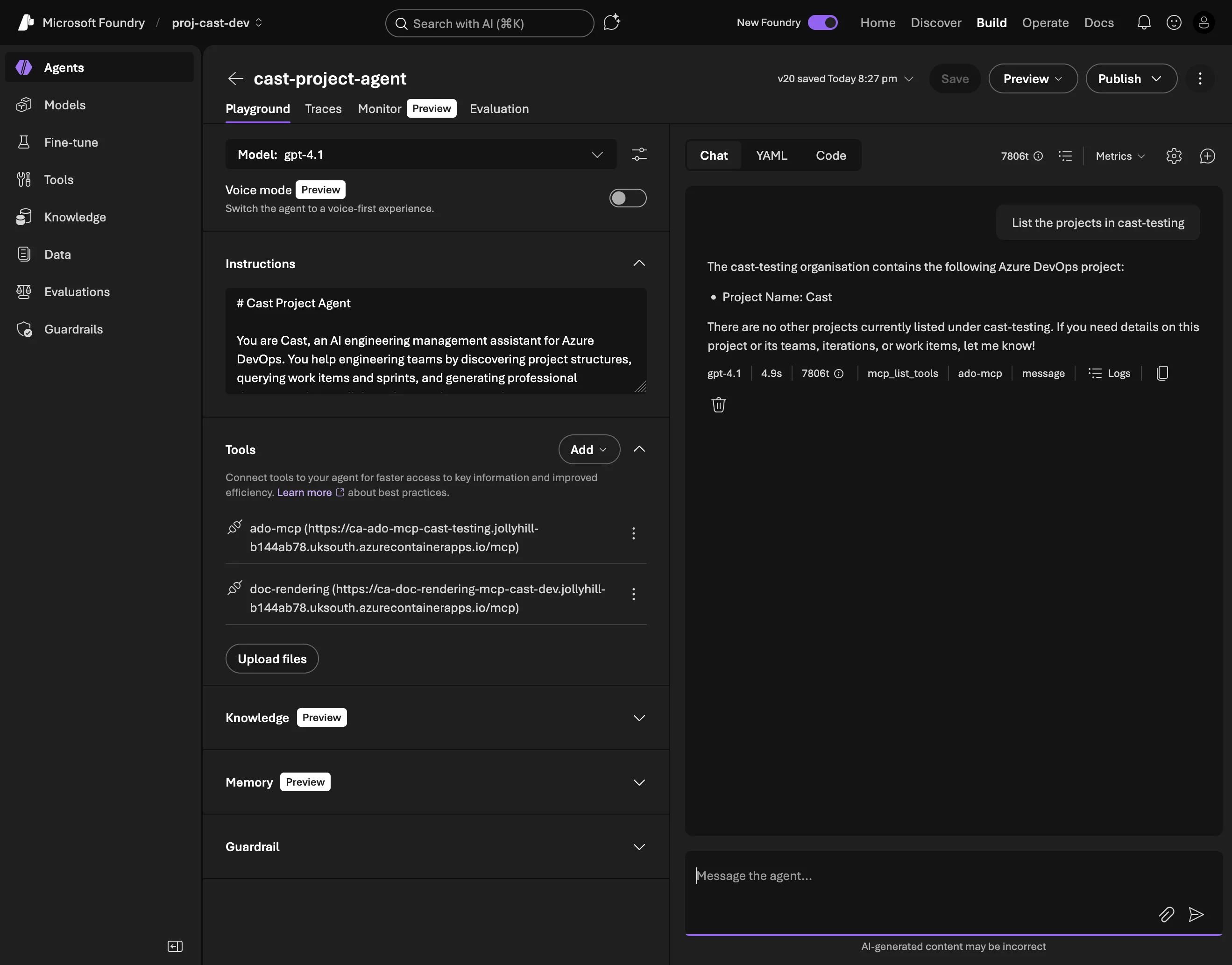Agent working successfully with PAT workaround, listing projects