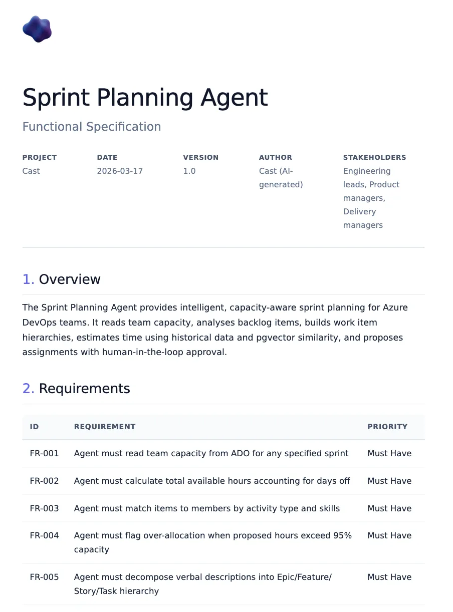 Rendered functional spec showing the 10-section template with Overview and Requirements sections