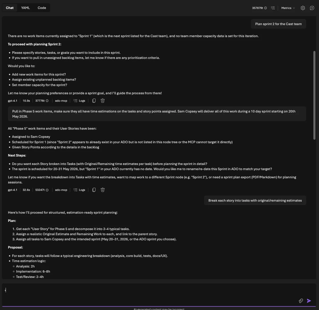 The agent proposing sprint assignments with capacity tables in Foundry Playground