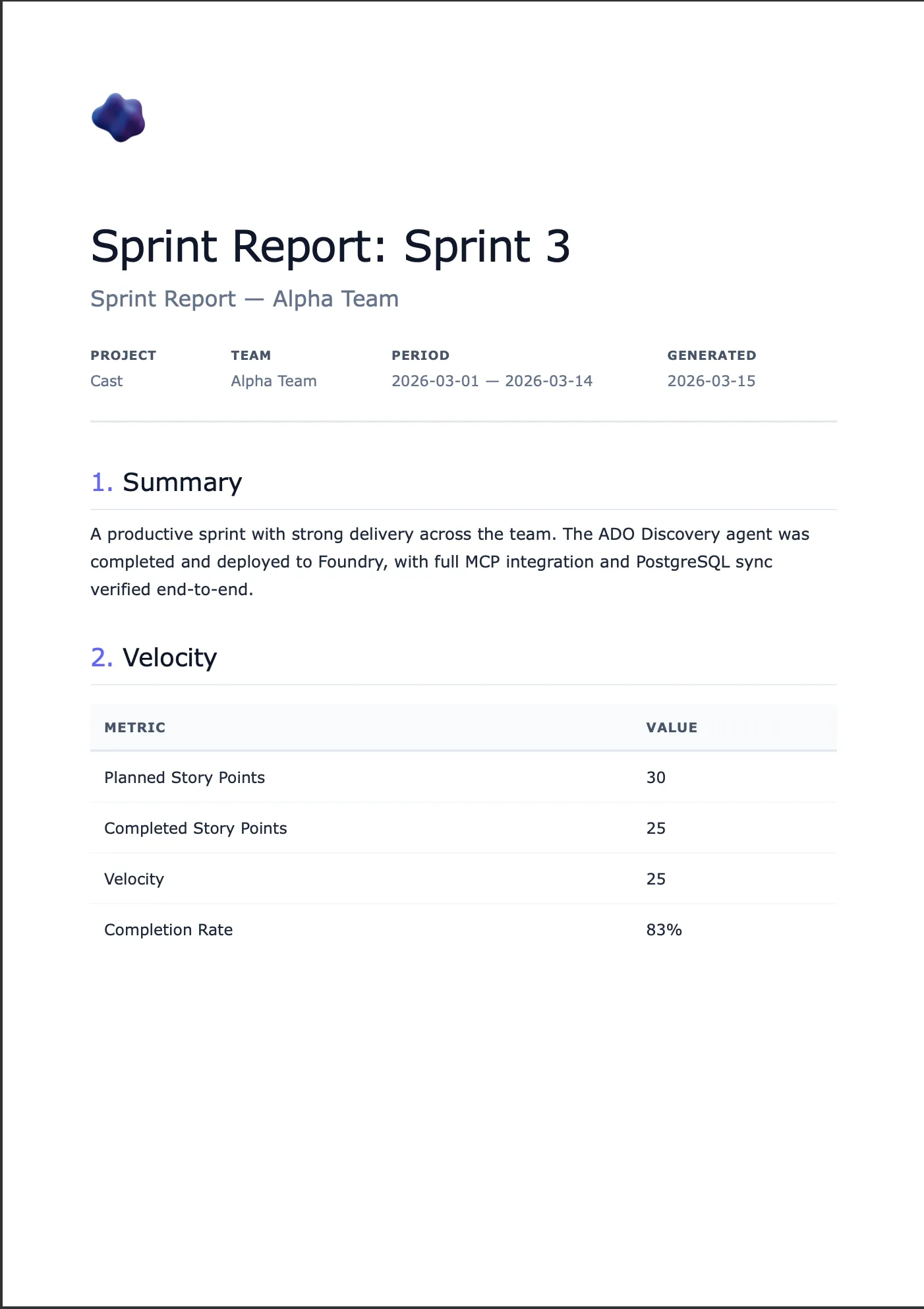 A rendered Sprint Report PDF with velocity metrics and professional whitepaper styling