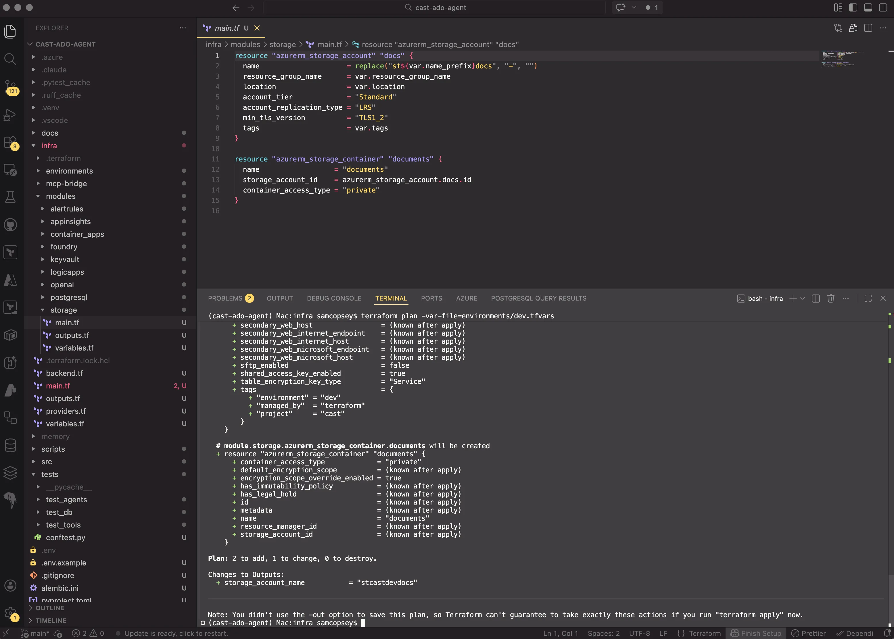VS Code showing the Terraform storage module and terraform plan output