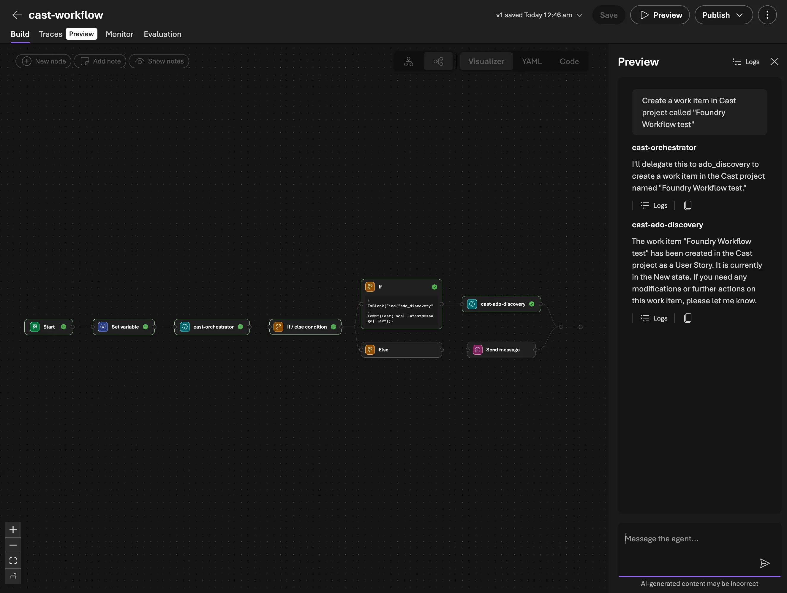 Foundry Workflow Traces showing the orchestrator routing to the ADO discovery agent